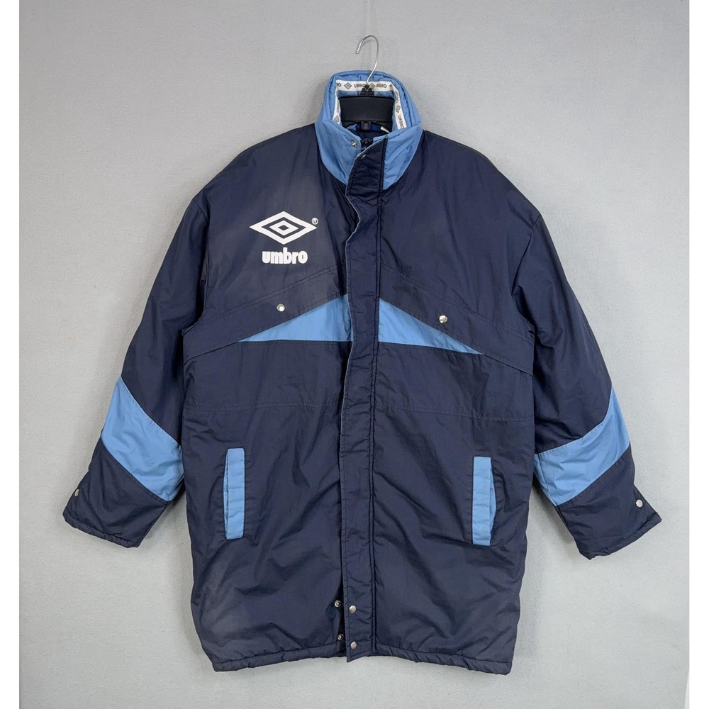 Vintage Umbro Jacket Mens Medium Blue Soccer Puffer Trench Bench Parka Coat 90s